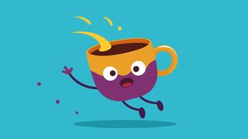 MidAir Coffee Explosion A colorful illustration of a coffee cup tipped over with a cascade of steaming coffee splashing out in an arc. In the background a character with wide eyes. vector