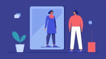 Interactive Clothing Fitting A person standing in front of a mirror with an AR interface trying on virtual outfits that appear over their real reflection.. vector