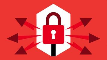 Cyber Attack Prevention A series of red arrows trying to trate a barrier illustrated as a powerful lock demonstrating the concept of preventing cyber attacks.. vector