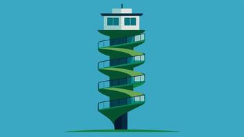 GravityDefying Spiral Tower A tall slender tower spirals upwards in an impossible fashion. The building twists as it rises with flat sections extending horizontally at irregular. vector