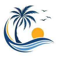 Palm Tree Silhouette With Sunset And Birds On Ocean Waves Graphic vector