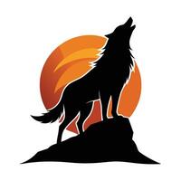Howling Wolf Silhouette On Rock With Abstract Sunset Background vector