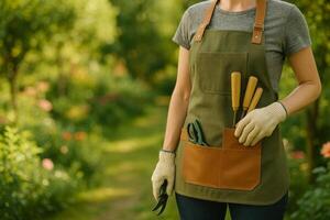 Gardener Working in a Lush Green Garden With Tools and Apron During a Sunny Day photo