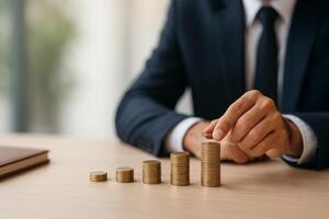 Business Professional Stacking Coins to Illustrate Financial Growth in a Modern Office Setting photo