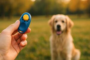 Training Session With Dog Using a Clicker in a Sunlit Field During the Evening photo
