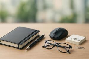 Workspace Essentials Including Notebook, Pen, Glasses, and Mouse for Productivity in a Modern Office photo