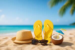 Bright Summer Accessories on Sandy Beach With Ocean Background and Palm Trees Under Clear Sky photo