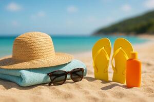 Summer Beach Essentials on Sunny Sand With Colorful Accessories and Calm Ocean in the Background photo
