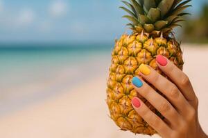 Hand Holding Fresh Pineapple With Colorful Nail Polish at Tropical Beach photo