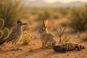 Desert Wildlife Coexistence With a Rabbit, Roadrunner, and Lizard During Golden Hour photo