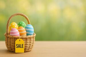 Colorful Easter Eggs in a Decorative Basket With a Sale Tag on a Wooden Table photo