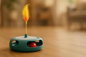 Colorful Feather Toy With Red Ball on Wooden Floor in a Warm Interior Setting photo