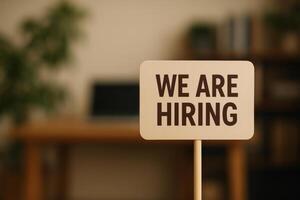 Job Opportunity Announcement in an Office Setting With a Clear Hiring Sign on Display photo