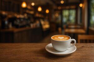 Warm Latte Art on a Wooden Table in a Cozy Coffee Shop During Afternoon Hours photo
