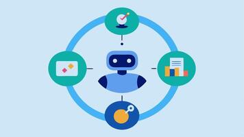 Machine Learning Cycle A circular diagram showing the machine learning cycle data collection learning prediction feedback with an AI robot character interacting with each stage.. vector