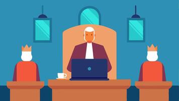 Historic Meeting This illustration depicts the businessperson standing in front of a grand wooden table used for medieval councils with their laptop set up on the table. Three. vector