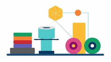 Material Selection An array of colorful material spools like resin or metal filament next to the printer highlighting different materials available for jewelry creation.. vector