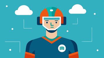 Football Player with Smart Helmet A football player on the field sporting a smart helmet equipped with sensors to monitor head impact and recovery times.. vector
