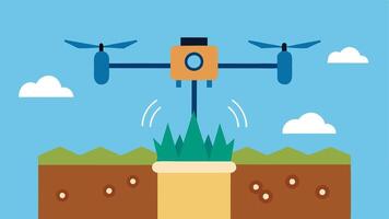 Growth Optimization A drone is analyzing the soil with sensors with graphs indicating nutrient levels and moisture content highlighting areas needing attention.. vector