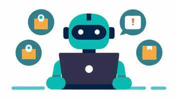 Multitasking AI A friendly robot icon juggling various customer queries on a laptop with thought bubbles showing diverse topics like shipping and returns.. vector
