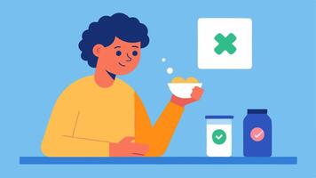 Human Consumption A person sitting at a table looking surprised while checking a food label with an overlay graphic showing microplastics a ingredients or in their drinking water.. vector