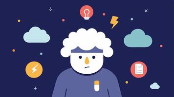 Idea Clouds A character surrounded by fluffy light clouds filled with superficial content while dark stormy clouds of real issues and critical thinking hover just out of reach.. vector
