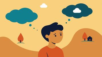 Thought Bubble of Nature A person with a troubled expression gazing upwards at a large thought bubble filled with s of a thriving environment juxtaposed with droughts. vector