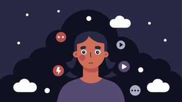 Cloud of Doubt A person surrounded by dark storm clouds filled with social media icons likes and comments representing selfdoubt and anxiety stemming from online validation.. vector
