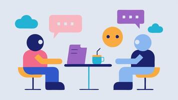 Collaboration with AI A user and an AI character sitting together at a table brainstorming outfits for a specific event with illustrated options floating around them.. vector