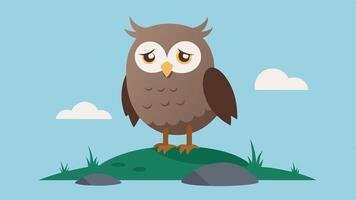 Owl with a Frown A fluffy owl standing on a rock looking down with a frown and one feather slightly ruffled capturing a sense of disorientation. The owls wide eyes are narrowed. vector