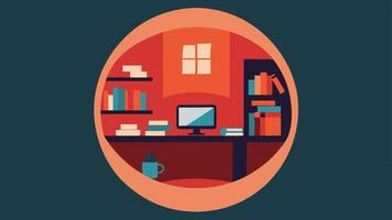 Study Nook Surprise A creative illustration of a small study nook viewed through a fisheye lens. The desk is round and cluttered with oversized books that whimsically at the edges.. vector