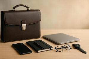 Professional Workspace With Laptop, Briefcase, and Office Supplies Arranged on Wooden Table photo