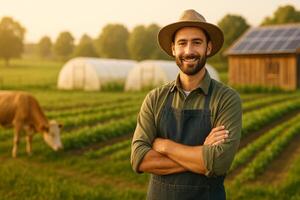 Smiling Farmer Stands Confidently in Lush Green Fields Under Golden Hour Light photo