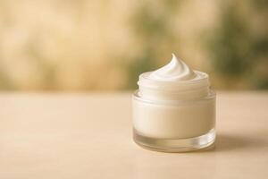 Moisturizing Cream in Clear Jar on Wooden Surface With Soft Background Lighting photo