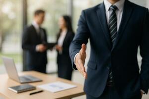 Business Professionals Engaging in Handshake During Meeting in Modern Office Setting photo