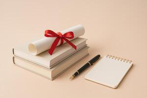 Graduation Materials on a Desk With Books, a Diploma, and Stationery photo