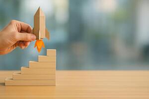 Creative Launch of a Handmade Rocket Model Ascending Steps Indoors photo
