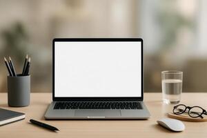 Workspace Setup With a Laptop, Stationery, and a Glass of Water During the Morning Hours photo