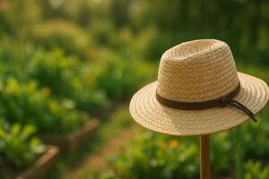 Straw Hat Resting on a Post in a Lush Garden During Warm Afternoon Sunlight photo