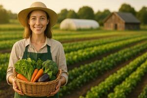 Smiling Woman Holds Vegetable Basket in a Sunny Farm Field at Golden Hour photo