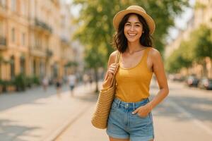 Smiling Woman in Yellow Top and Denim Shorts Walks on Sunny Street in Summer photo