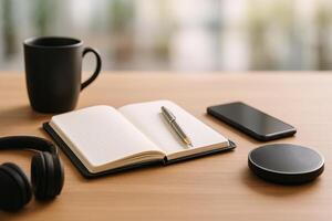 Workspace Setup Featuring Notebook, Pen, Coffee Cup, Smartphone, and Headphones for Productive Sessions photo