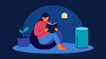 Music Relaxation A person in a cozy nook reading a book while the voice assistant plays soft background music from a nearby smart speaker.. vector