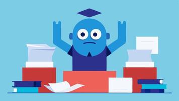 Overwhelmed Desk Scene A cartoonstyle character is sitting at a cluttered desk with stacks of papers towering around them. The character has wide anxious eyes and is frantically. vector