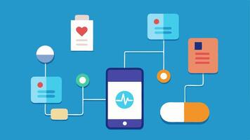 Medication Management A pill dispenser device connected to an AI system that alerts patients via their smartphones to take their medication and tracks adherence.. vector