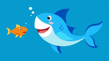 Joyful Adventure This illustration captures the playful essence of a shark and goldfish swimming together. The shark is drawn in a cartoonish style its wide mouth forming a smile. vector