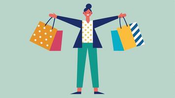 Fashionable Triumph An enthusiastic figure strikes a powerful pose with one leg forward showcasing an array of shopping bags in both hands. Each bag showcases unique patternspolka. vector