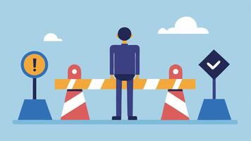 A Roadblock Show a person standing in front of a large roadblock labeled Procrastination with signs pointing towards Action Steps and Goals on either side.. vector