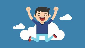 Joyful Gamer A dynamic image of a character jumping in excitement with a cloud backdrop filled with game art conveying the joy of playing highend games instantly via the cloud.. vector