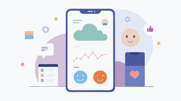 Mobile App Interface A smartphone screen displaying a userfriendly mental health tracking app with graphs showing mood trends a journal section and a chatbot icon for AI. vector